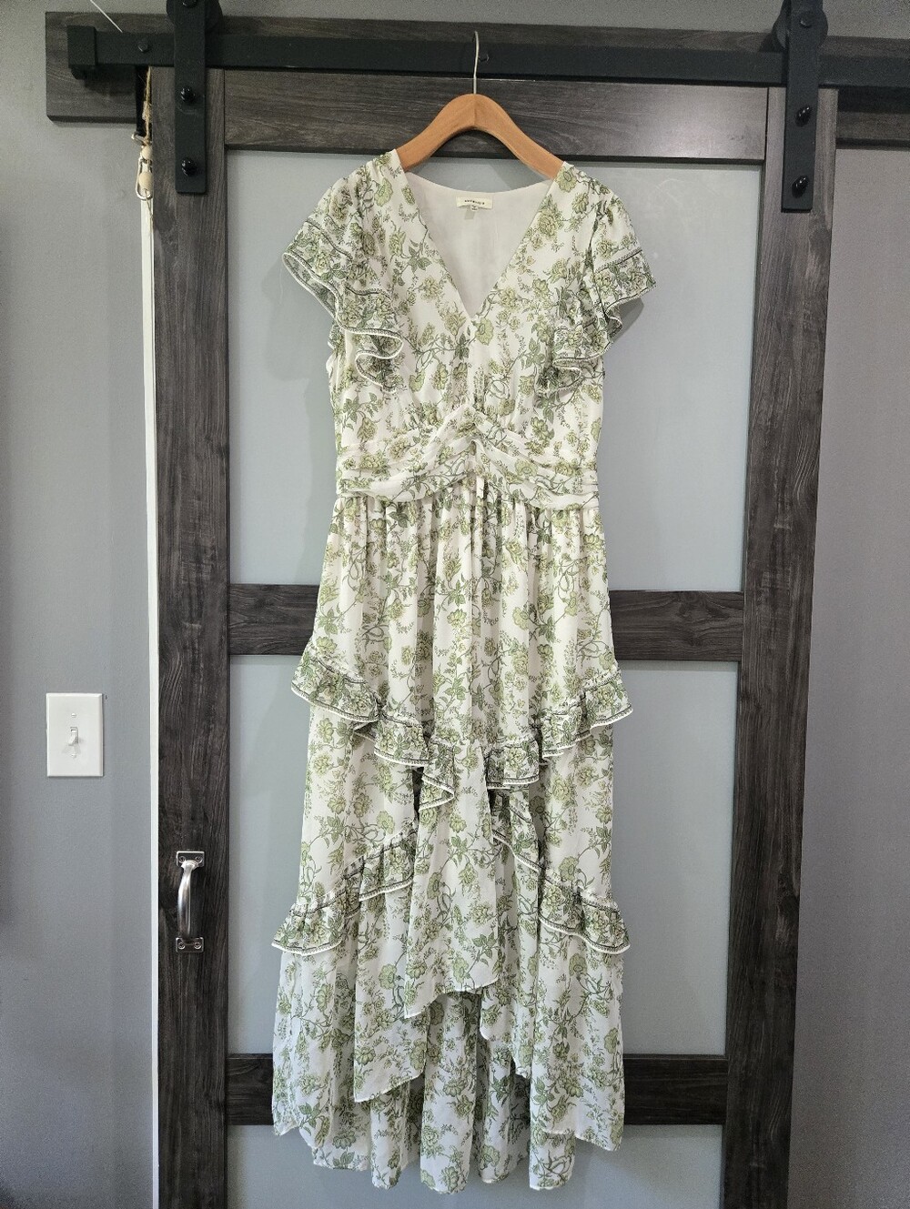 Max Studio Green White Elegant Floral Ruffle Garden Party Dress Cottage Spring L
